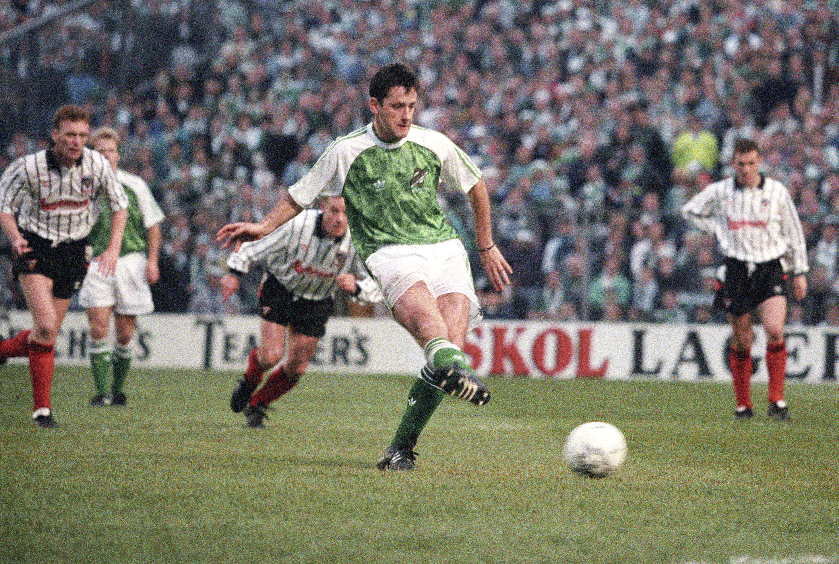 Hibs' Tommy McIntyre opens the scoring from the penalty spot